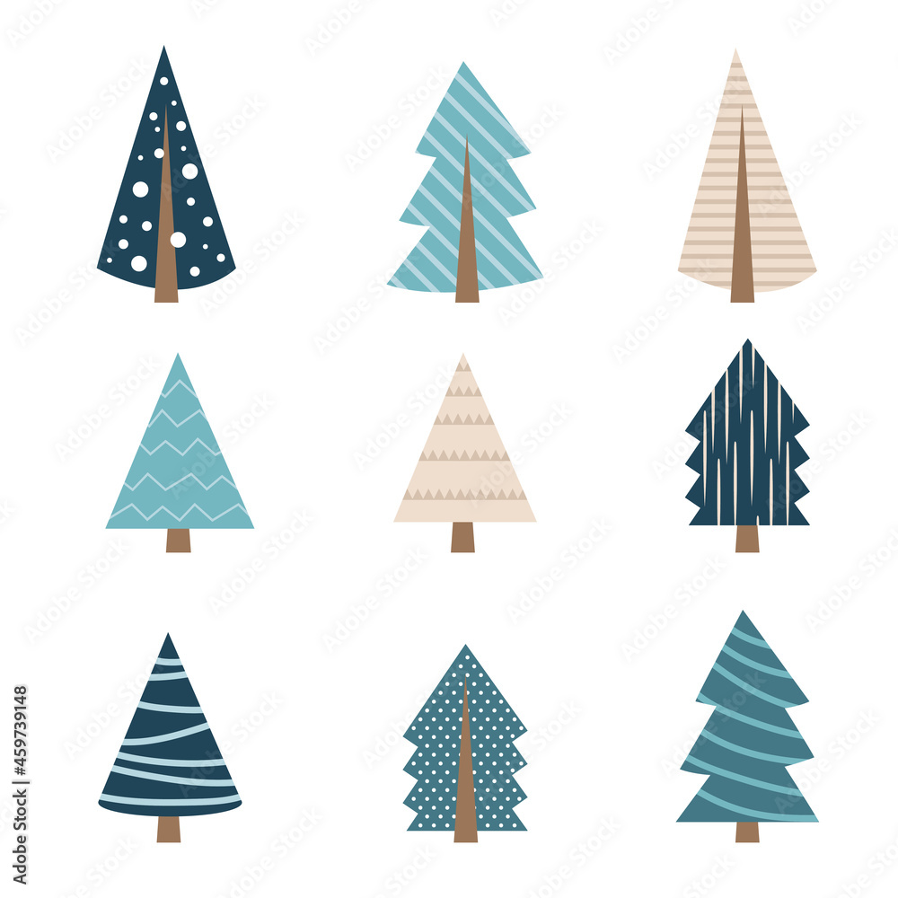Cute blue christmas tree of different shape set. Collection of xmas tree for greeting card decoration or logo design. Isolated flat vector Cute blue christmas tree of different shape set. Collection of xmas tree for greeting card decoration or logo design. Isolated flat vector