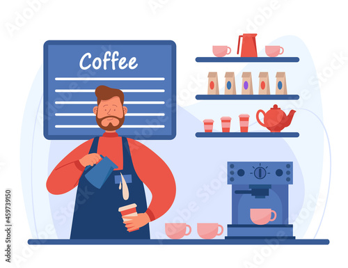 Cartoon barista making high quality espresso at coffee station. Male character with small business flat vector illustration. Coffee shop concept for banner, website design or landing web page
