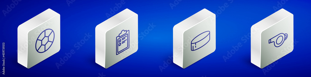 Set Isometric line Football ball, Sport training program, Hockey puck and Whistle icon. Vector Set Isometric line Football ball, Sport training program, Hockey puck and Whistle icon. Vector