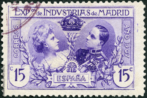 SPAIN - 1907: shows King Alfonso XIII (1886-1941), Queen Victoria Eugenia of Battenberg (1887-1969),1907 Industrial Exhibition, Madrid, 1907 photo