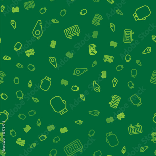 Set line Whistle, Boxing glove and Sport mechanical scoreboard on seamless pattern. Vector