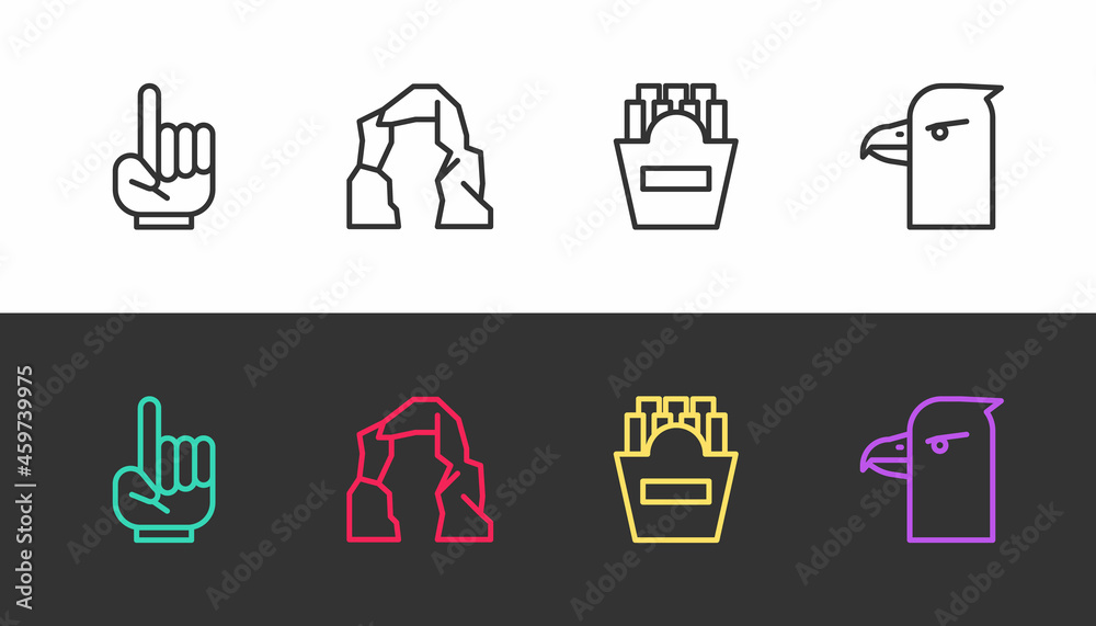 Set line Number 1 one fan hand glove, Grand canyon, Potatoes french fries in box and Eagle head on black and white. Vector Set line Number 1 one fan hand glove, Grand canyon, Potatoes french fries in box and Eagle head on black and white. Vector