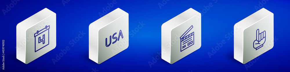 Set Isometric line Calendar with date July 4, USA label, Movie clapper and Number 1 one fan hand glove icon. Vector Set Isometric line Calendar with date July 4, USA label, Movie clapper and Number 1 one fan hand glove icon. Vector