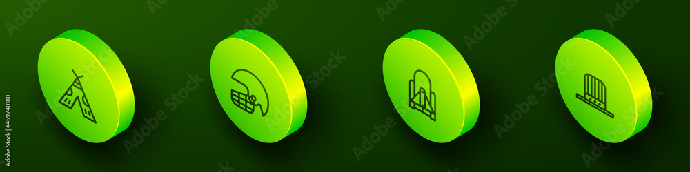 Set Isometric line Indian teepee or wigwam, American football helmet, Rocket launch from the spaceport and Patriotic top hat icon. Vector Set Isometric line Indian teepee or wigwam, American football helmet, Rocket launch from the spaceport and Patriotic top hat icon. Vector