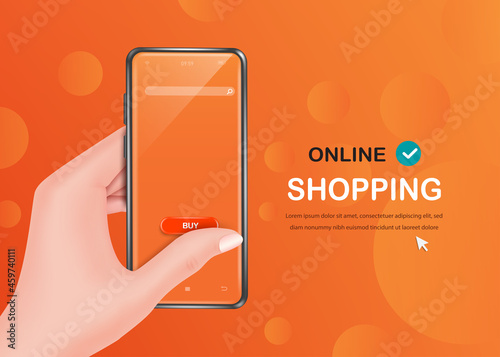 Female hand holding a smartphone and using a finger press to place an order at the buy icon and all on orange background for online shopping concept design,vector 3d for advertising design