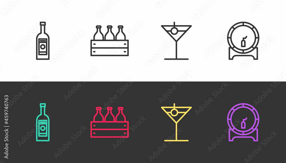 Set line Glass bottle of vodka, Bottles wine in wooden box, Martini glass and Wooden barrel on rack on black and white. Vector Set line Glass bottle of vodka, Bottles wine in wooden box, Martini glass and Wooden barrel on rack on black and white. Vector