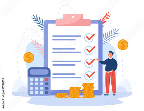 Businessman standing next to business document and calculator. Man planning budget of company flat vector illustration. Finances, taxes concept for banner, website design or landing web page