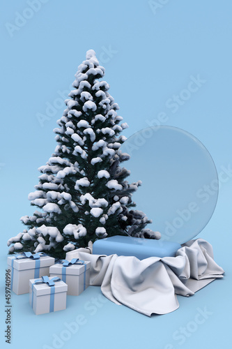3D Christmas New Year holiday blue podium pedestal for product background with snow covered Christmas tree, balls, gift box. Winter concept for vertical poster, banner, mockup.