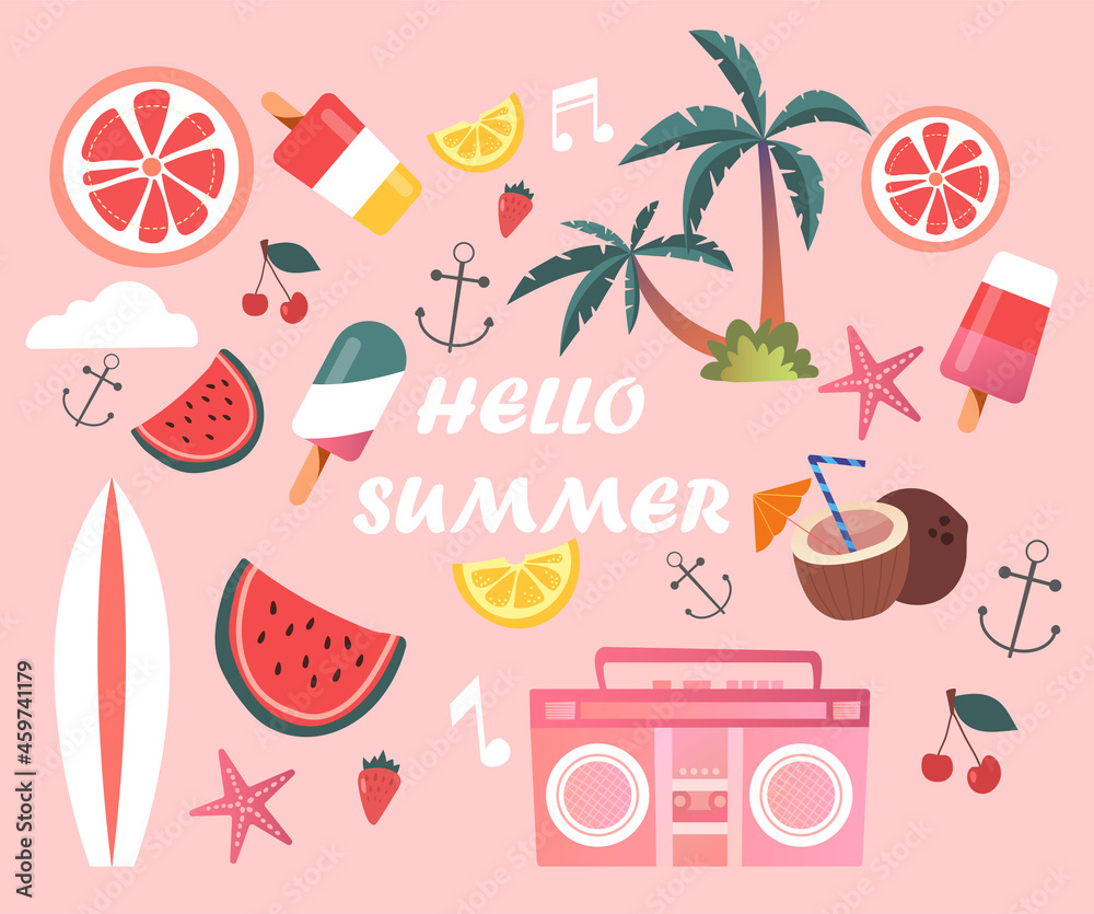 Fototapeta premium Cute set of essential fun summer elements and hello summer lettering on pink background. Concept of modern summer with watermelon, ice cream and palms. Flat cartoon vector illustration