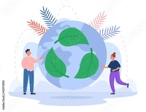 Cartoon characters next to globe with recycle symbol. Green energy, save planet, reduce carbon pollution flat vector illustration. Zero waste, ecology, recycling, eco lifestyle concept for banner