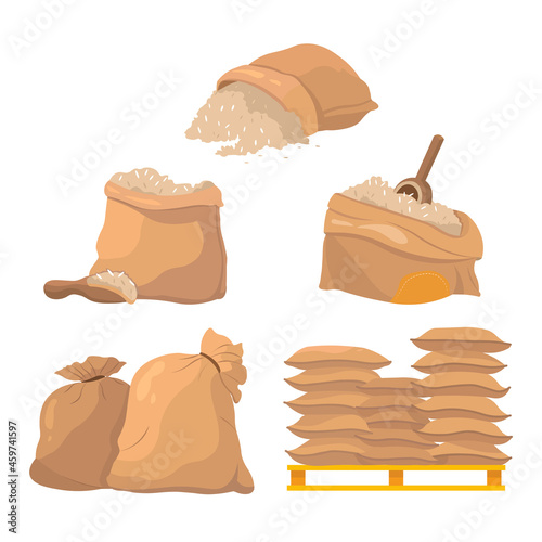Sacks and bags full of rice grains set. Cartoon vector illustration of cereal farm harvest in open or closed brown packaging, raw rice seeds for flour production. Agriculture, food storage concept