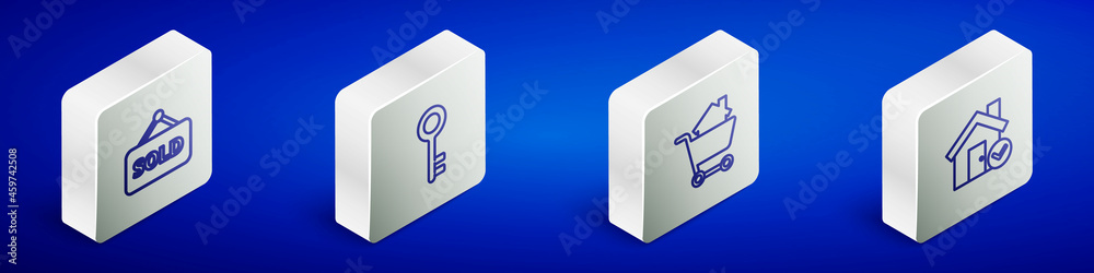 Set Isometric line Hanging sign with text Sold, House key, Shopping cart house and check mark icon. Vector Set Isometric line Hanging sign with text Sold, House key, Shopping cart house and check mark icon. Vector