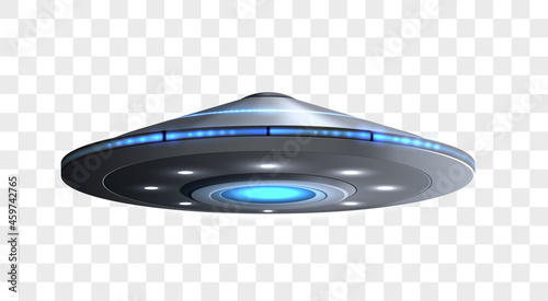 UFO spaceship with light beam isolated. Vector illustration of flying alien ship