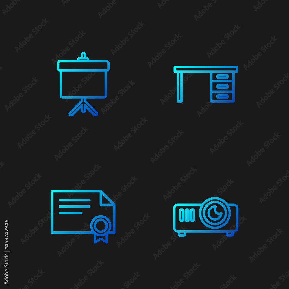 Set line Movie, film, media projector, Certificate template, Chalkboard with diagram and Office desk. Gradient color icons. Vector Set line Movie, film, media projector, Certificate template, Chalkboard with diagram and Office desk. Gradient color icons. Vector