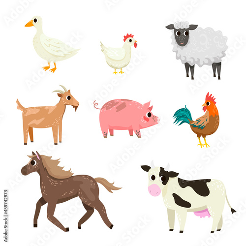 Different farm animal cartoon characters vector illustration set. Cute hen  horse  sheep  cow  pig  goat  goose  rooster clipart isolated on white background. Agriculture  domestic animals concept