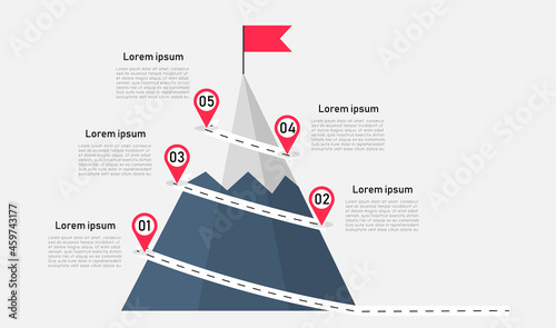 Route to the top of mountain infographic on white background. business journey path in progress to success. Mountain with red flag with 5 step. can be used for process, presentation, step diagram.