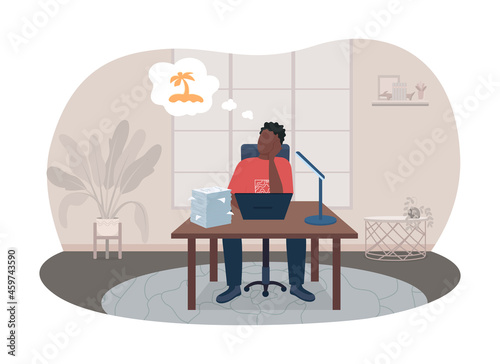 Burnout from work 2D vector isolated illustration. Man sitting at desk thinking of vacation. Depressed flat character on cartoon background. Freelancer in home office colourful scene