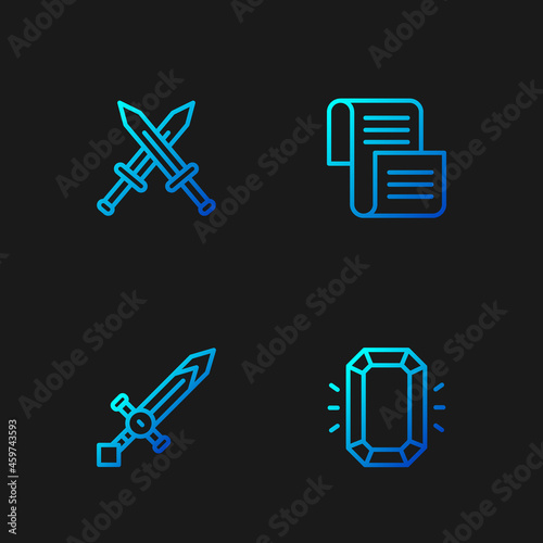 Set line Diamond, Medieval sword, Crossed medieval and Decree, parchment, scroll. Gradient color icons. Vector