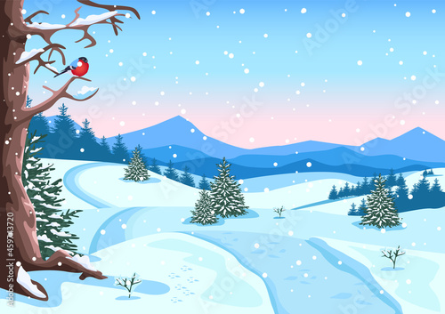 Winter landscape with mountains, snowfall and fir trees. Flat vector illustration background.