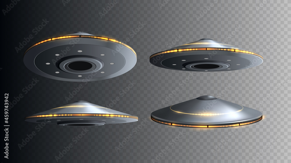 UFO spaceship with lights isolated. Set of vector flying 3d alien space ships. - obrazy, fototapety, plakaty 