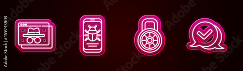 Set line Browser incognito window, System bug on mobile, Safe combination lock and Check mark speech bubble. Glowing neon icon. Vector