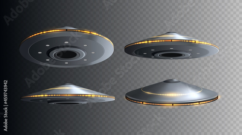 Fototapeta Naklejka Na Ścianę i Meble -  UFO spaceship with lights isolated. Set of vector flying 3d alien space ships.