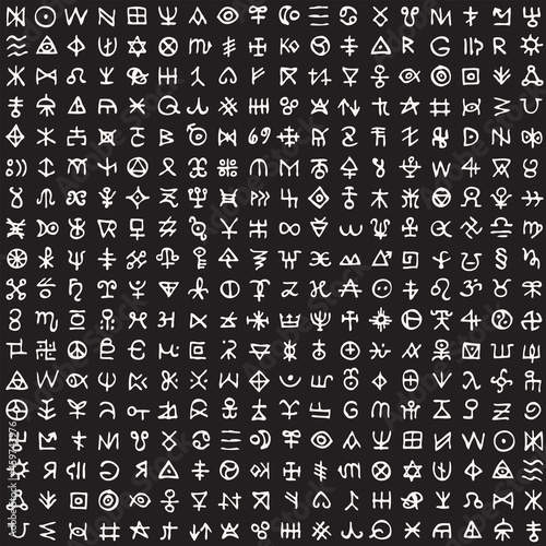 Abstract seamless pattern with magical runes and occult signs. Vector background with ancient esoteric, mystical symbols on a black backdrop. Chalk drawing with a fictional runic alphabet