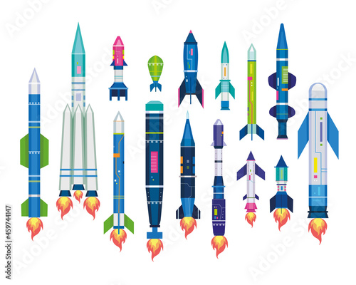 Missile set for air ballistic strike. Vector illustration of rocket bomb, warhead, jet artillery shell, icbm isolated on white. Military collection of war technology. Attack or defence weapon concept photo