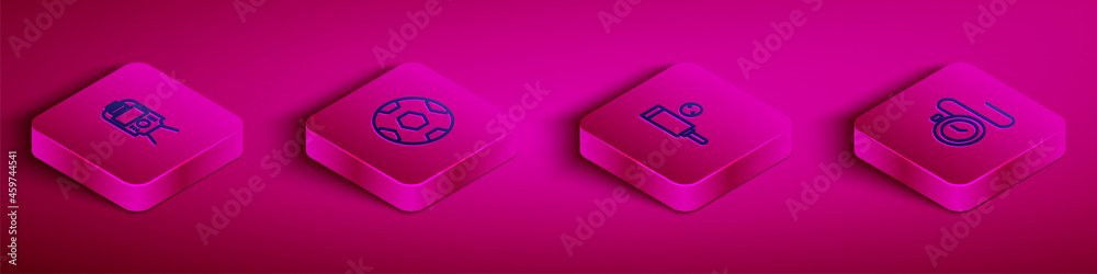 Set Isometric line Tram and railway, Football ball, Wood cricket bat and Watch with chain icon. Vector Set Isometric line Tram and railway, Football ball, Wood cricket bat and Watch with chain icon. Vector