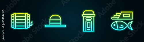 Set line Wooden barrel, Elegant women hat, London phone booth and Fish and chips. Glowing neon icon. Vector