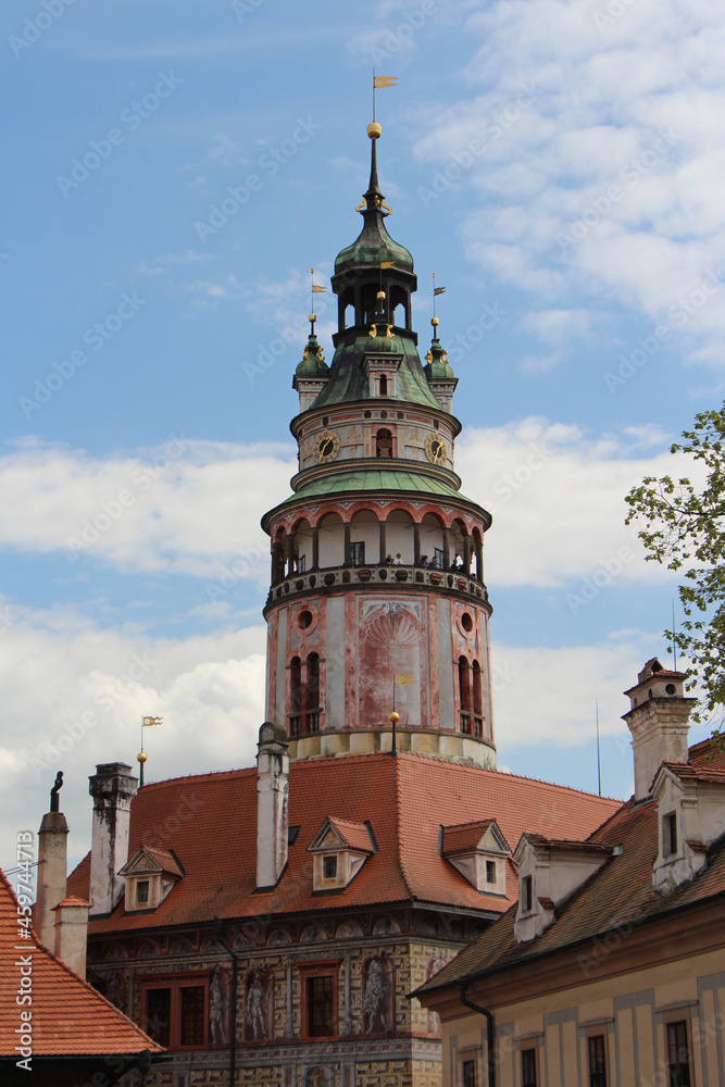 CESKY KRUMLOV, Czech Republic - May 8, 2015: The Castle Tower is probably the most famous symbol of Český Krumlov.