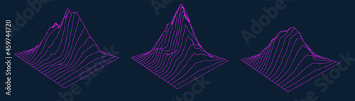Set of a glitched and distorted 3d models. Abstract vector elements with wireframe grid.