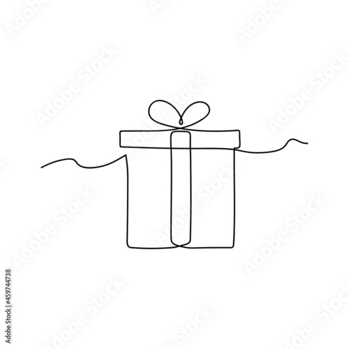 Continuous one line drawing of Christmas gift box with bow and ribbon. Birthday gift box linear style isolated on white background. Vector.