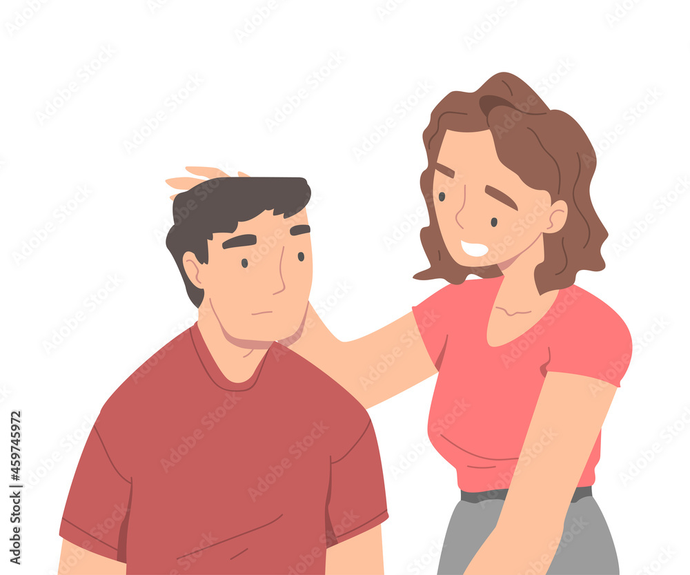 Woman Character Supporting Man Friend Encouraging Cheering Up and Raising His Spirit Vector Illustration Woman Character Supporting Man Friend Encouraging Cheering Up and Raising His Spirit Vector Illustration
