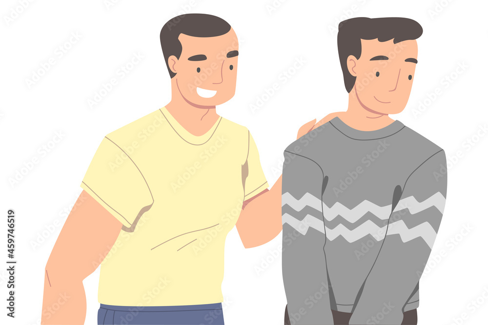 Fototapeta premium Man Character Supporting Friend Encouraging Cheering Up and Raising His Spirit Vector Illustration