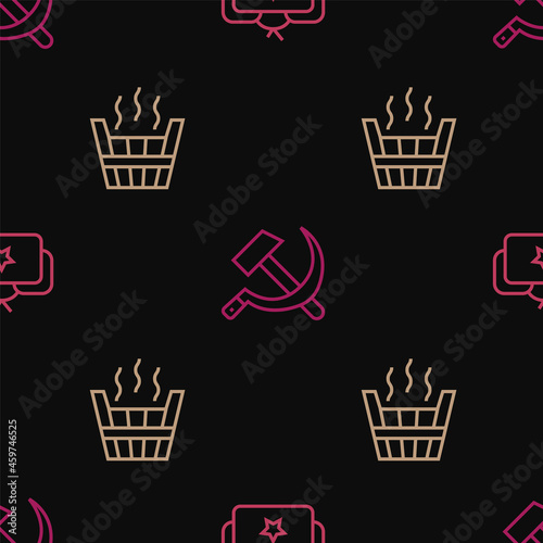 Set line Ushanka, Sauna bucket and Hammer and sickle USSR on seamless pattern. Vector