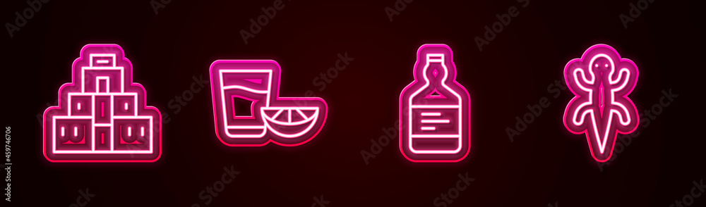 Set line Chichen Itza in Mayan, Tequila glass with lemon, bottle and Lizard. Glowing neon icon. Vector Set line Chichen Itza in Mayan, Tequila glass with lemon, bottle and Lizard. Glowing neon icon. Vector