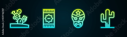 Set line Cactus, Mexican carpet, wrestler and . Glowing neon icon. Vector