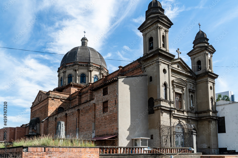 Medellin, Antioquia, Colombia. July 19, 2020: Church of San Antonio de Padua and blue sky.