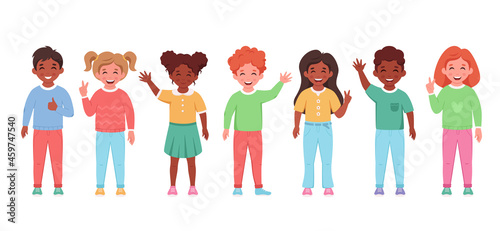 Children of different nationalities smiling and waving hands. Elementary school students. Vector illustration