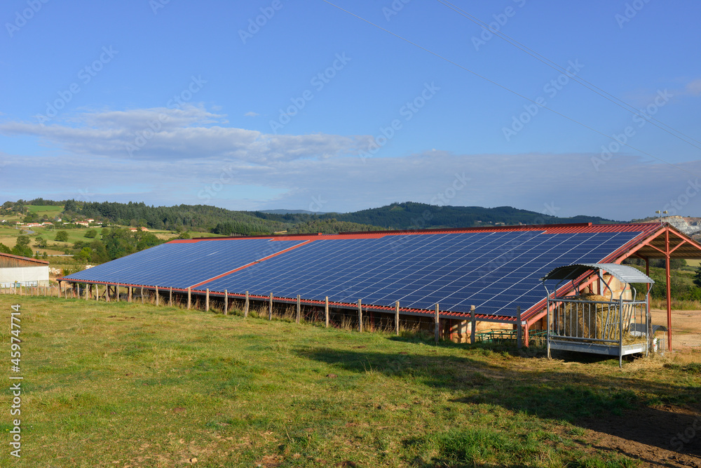 Toit en panneaux solaires dans nos campagnes à l'énergie écologique, département de la Loire en région Auvergne-Rhône-Alpes, France Toit en panneaux solaires dans nos campagnes à l'énergie écologique, département de la Loire en région Auvergne-Rhône-Alpes, France