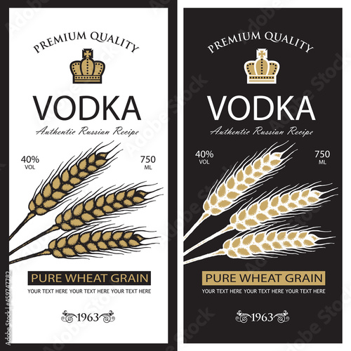 collection of vodka labels with ears of wheat in retro style