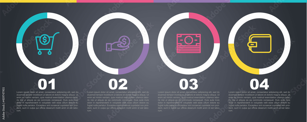Set line Shopping cart and dollar, Hand giving money, Stacks paper cash and Wallet. Business infographic template. Vector Set line Shopping cart and dollar, Hand giving money, Stacks paper cash and Wallet. Business infographic template. Vector