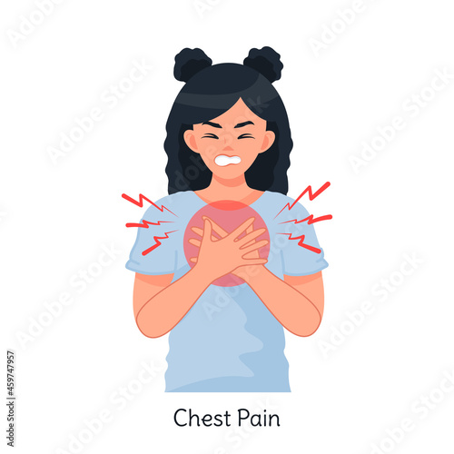 A woman feels pain in her chest. Heart attack or heart disease. Symptoms of coronavirus. Vector illustration in cartoon style