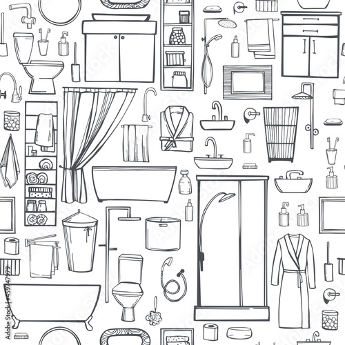 Bathroom furniture, plumbing, shower accessories. Vector  pattern.
