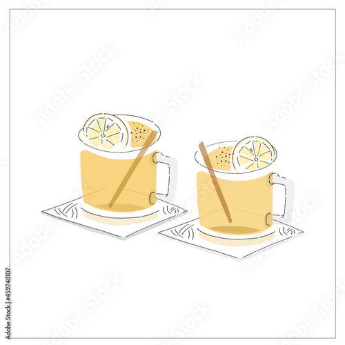 simple vector illustrations of 2 hot drinks on table with slice of lemons and cinnamon sticks in cup. Drinks for dinner, night, date, couple at bar and cafe. Graphic element for menu, sign, email, ad 