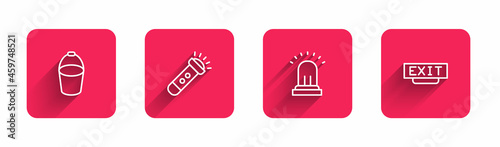 Set line Fire bucket, Flashlight, Ringing alarm bell and exit with long shadow. Red square button. Vector
