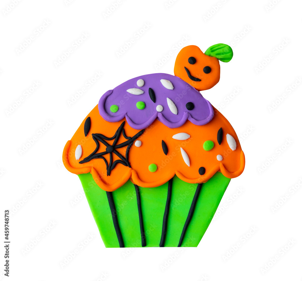 Fototapeta premium Handmade cute and yummy cupcake muffin in 3d effect clay craft plasticine with pumpkin, spider web. Spooky scary halloween party food pastry