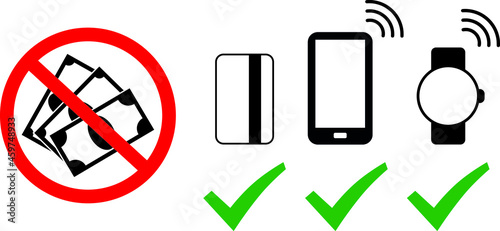 Cashless - No cash, only card, mobile phone and smart watch payment option sign. Simple and easily understandable vector sign symbol icon. Money payment theme.