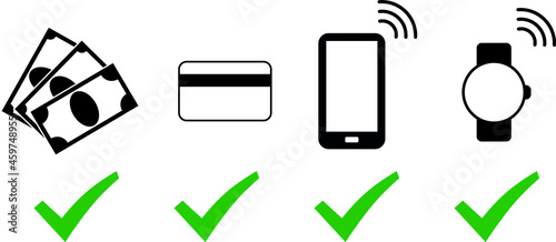 Cash, card, mobile phone and smart watch payment option sign. Simple and easily understandable vector sign symbol icon. Money payment theme.